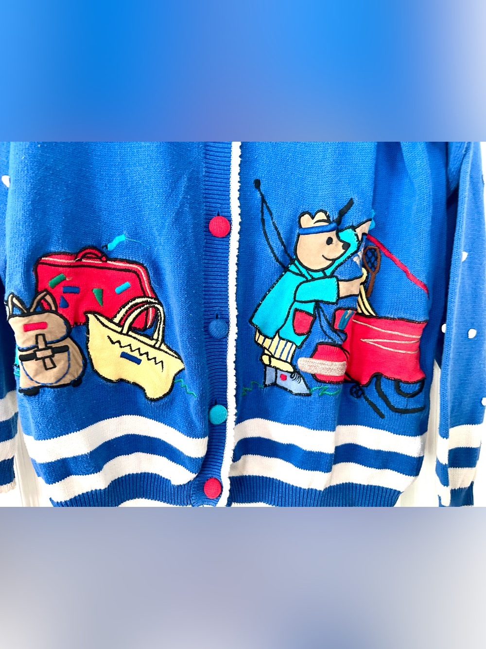 Vintage 80’s/90’s Rene Derhy colorful Bear Fishing Cardigan Sweater woman sz M - Picture 2 of 4